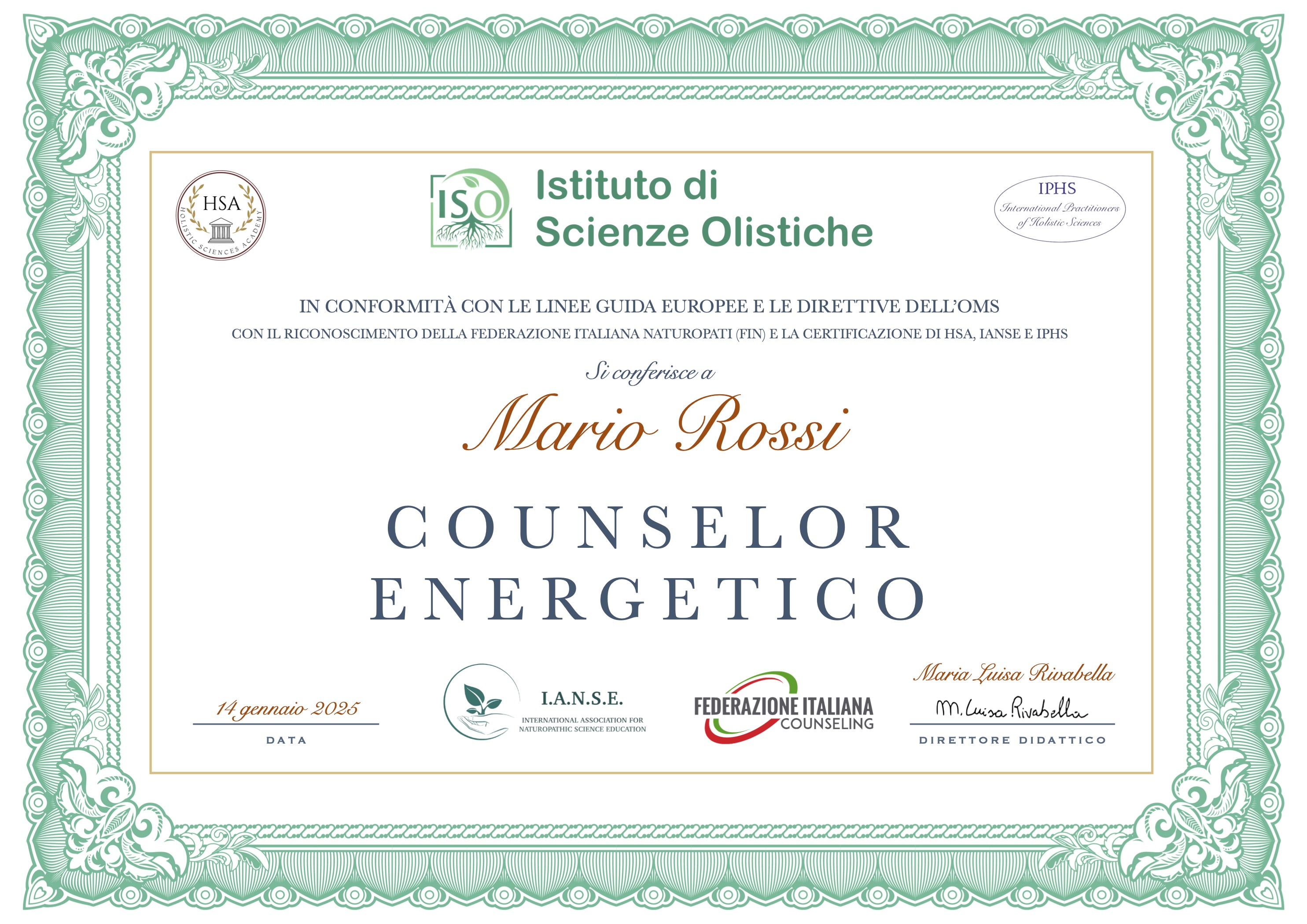 Diploma certificato di Counseling energetico