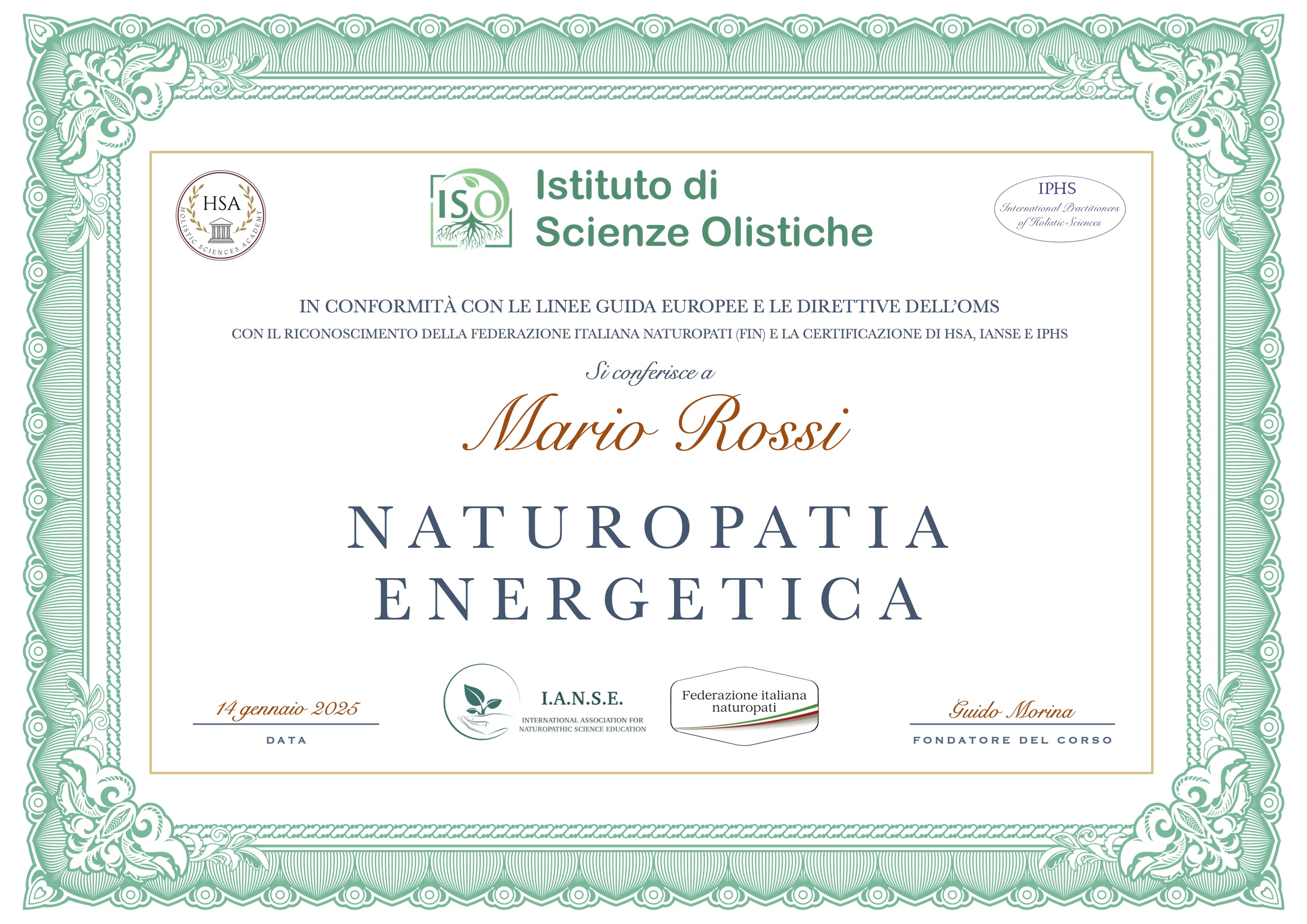 Diploma certificato di Naturopatia Energetica